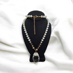 Vintage Faceted Glass Agate Stone Beaded Necklace Oval Glass Pendant